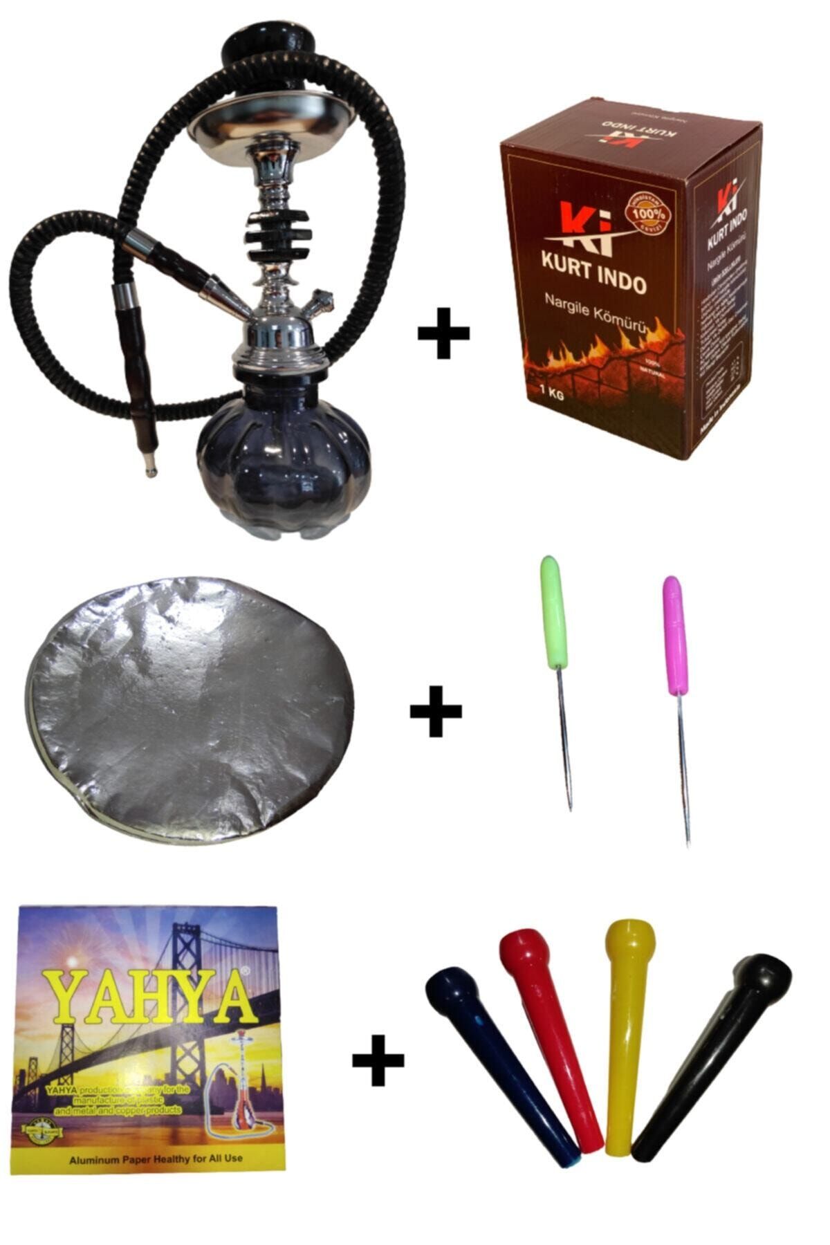 Camp & Shisha Siyah Mini Nargile Takımı 1 Kg Küp Kömür Folyo 10 Sipsi Iğne