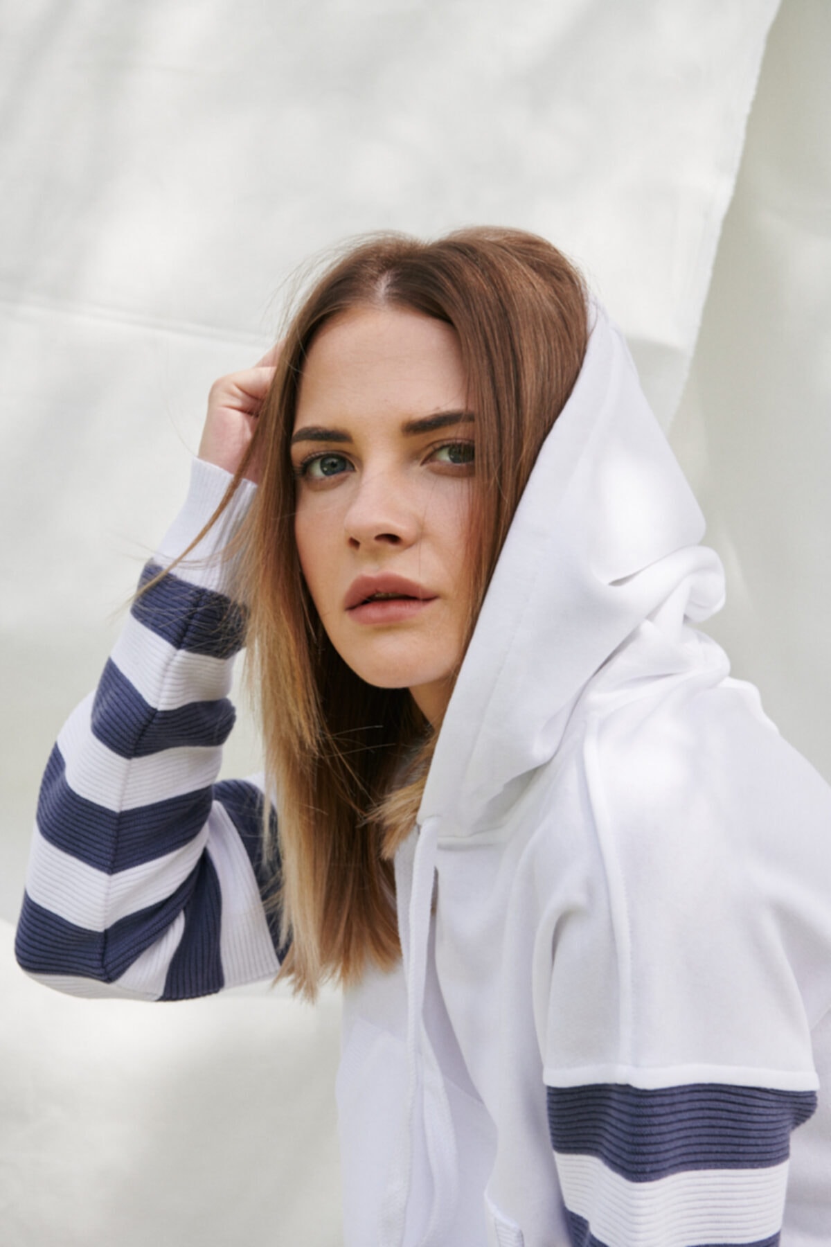 MYDA Kolları Merserize Çizgili Kapüşonlu Sweatshirt