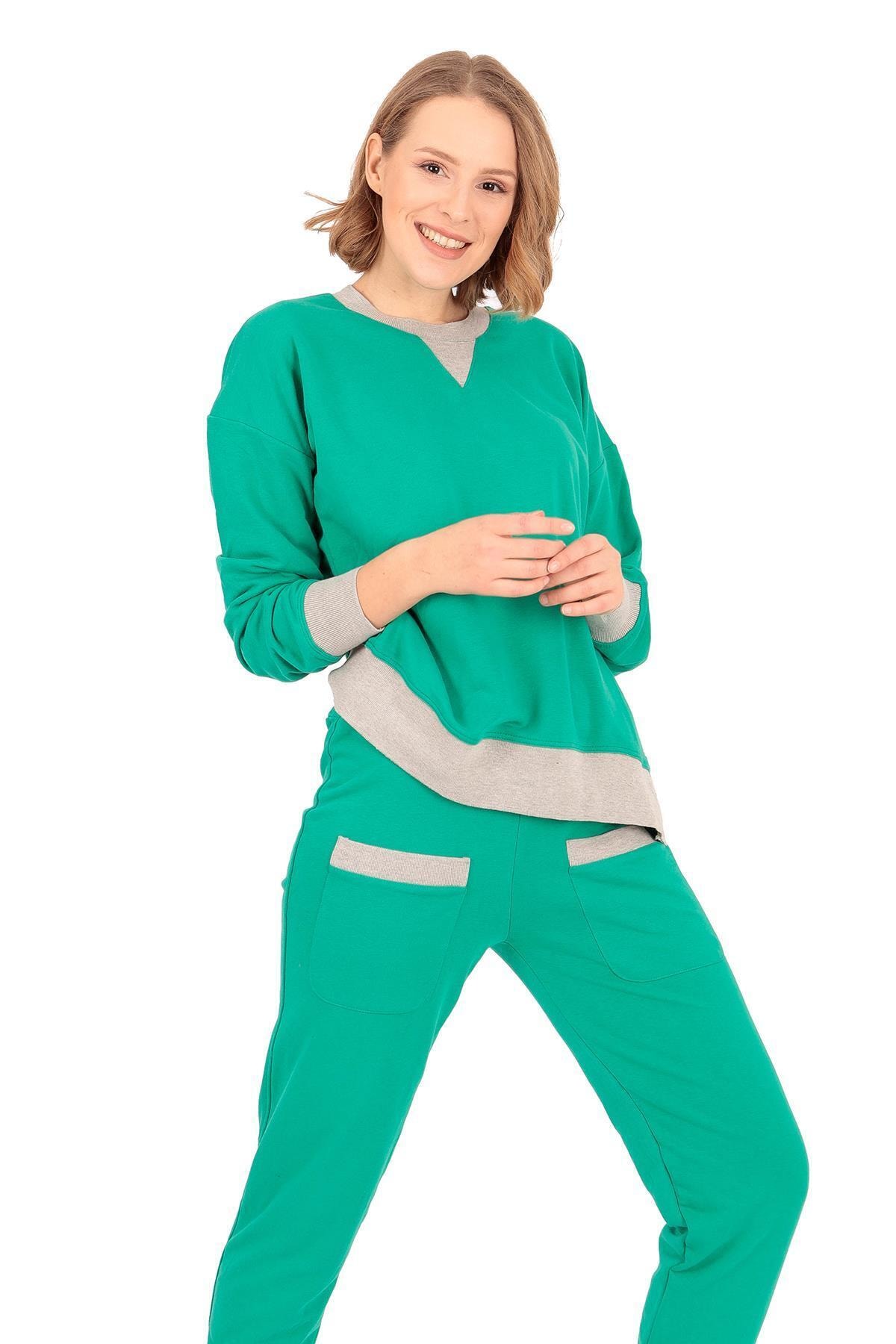 BUKETLİ Kadın Yeşil Bisiklet Yaka Cep Detaylı Eşofman Takımı