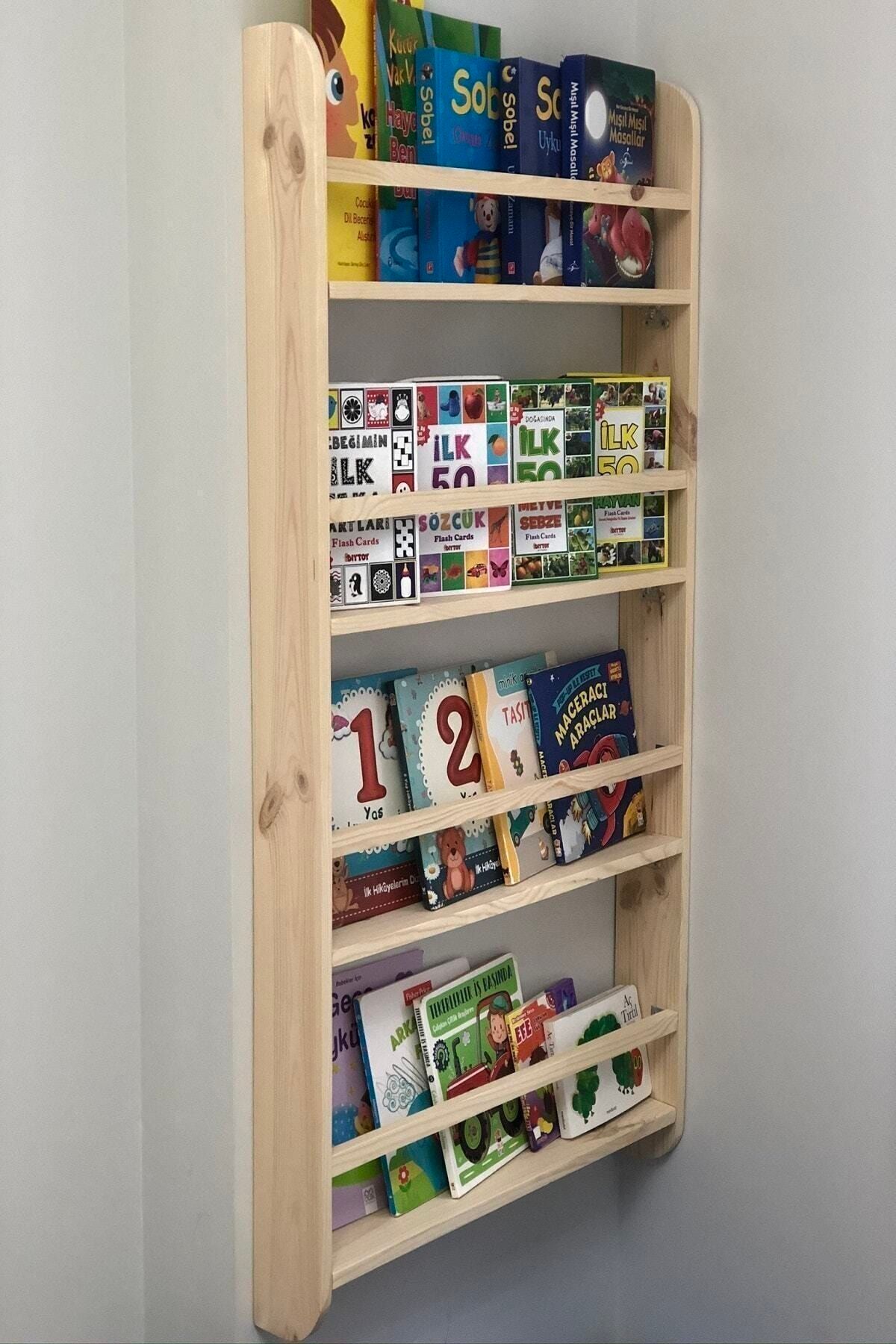 PlusAksesuar Doğal Ahşap Çocuk Odası Montessori Kitaplık Düzenleyici Raf 4 Katlı Kitaplık