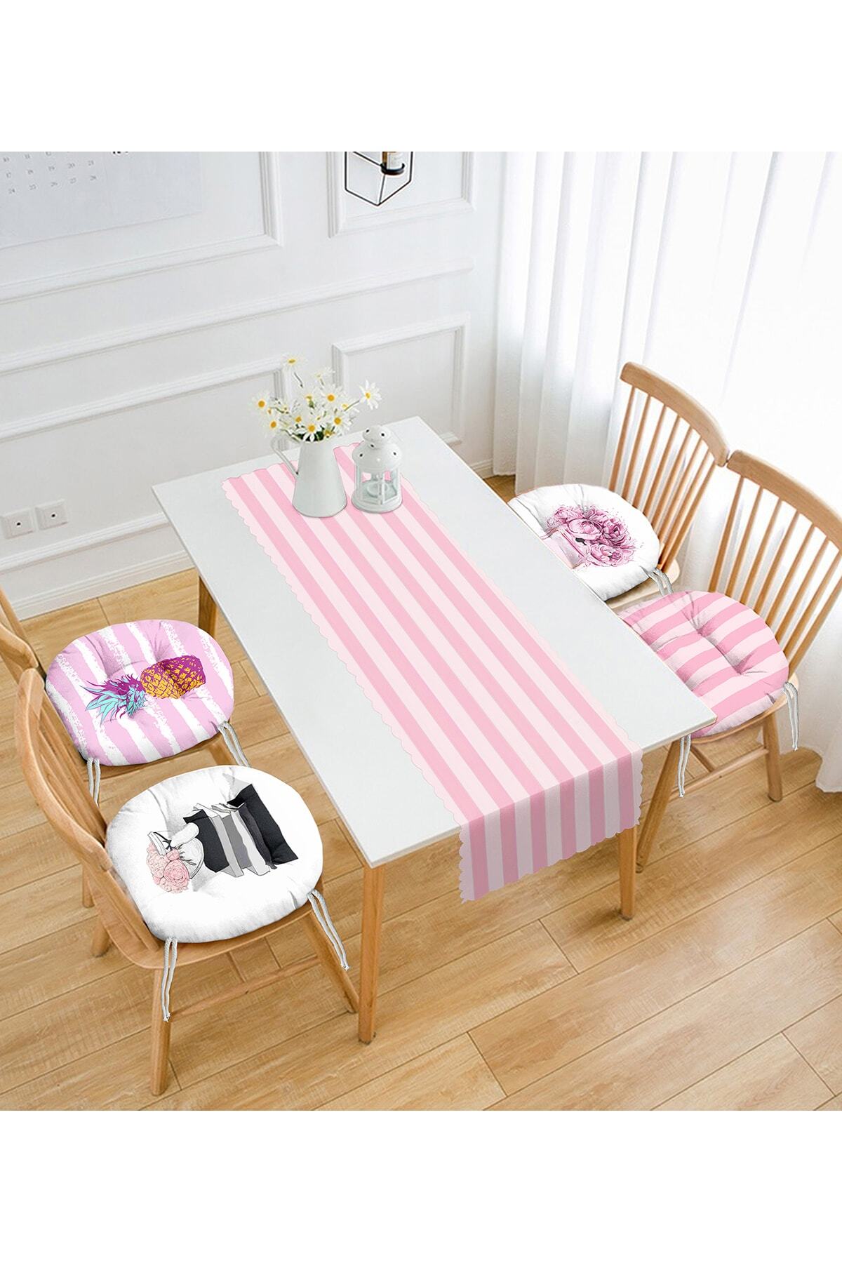Realhomes Pembe Çizgili 4 Yuvarlak Pofidik Sandalye Minderi Ve 1 Runner Seti