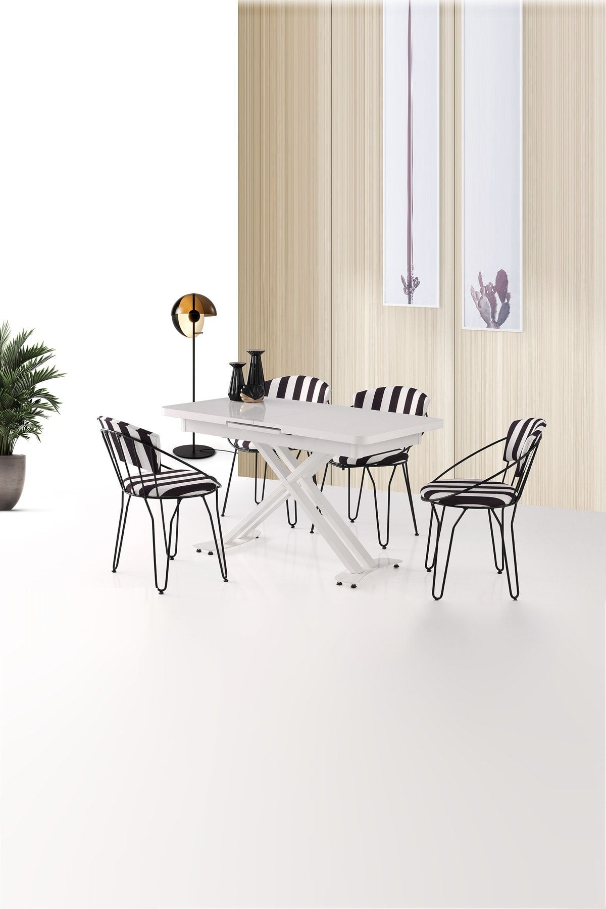 Mobesko AVM Beyaz Metal Ayaklı 70x120 cm 4 Sandalyeli Açılabilir Yemek ve Mutfak Masası Takımı