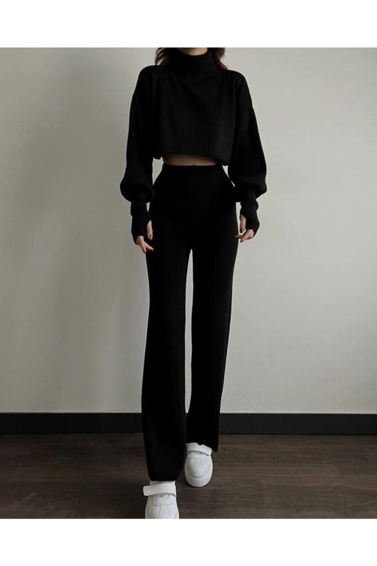 hillswomanstore Kadın Siyah Yüksek Bel Balıkçı Parmak Detay Triko Takım