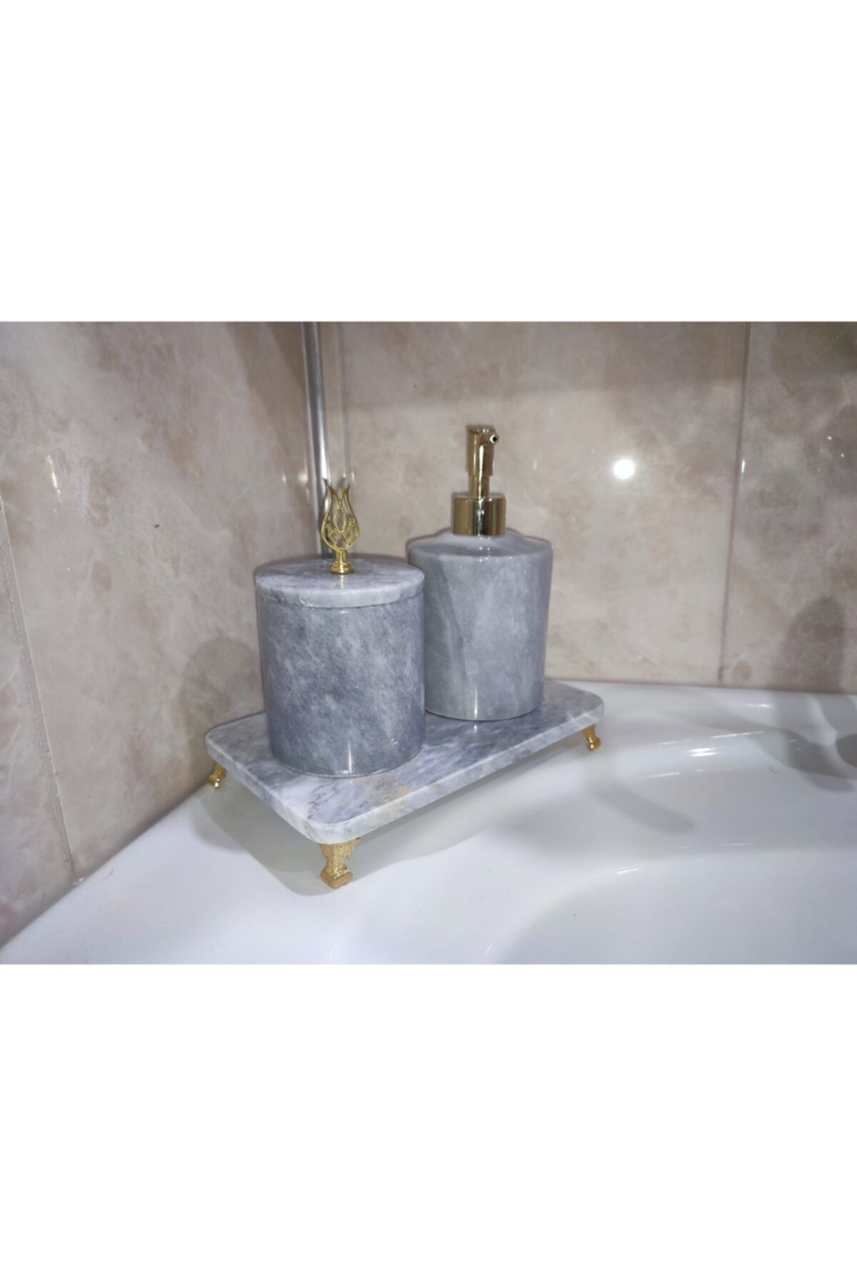 SMF MARBLE ART Bera - Gri Mermer Banyo Seti Ayaklı 3lü
