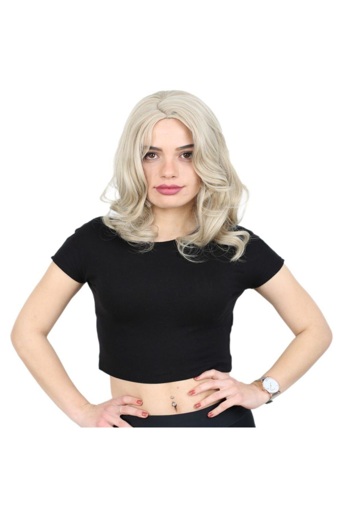 Suzan Peruk Kahkülsüz Fiber Sentetik Orta Boy Dalgalı Peruk - Balköpüğü / Platin Röfleli