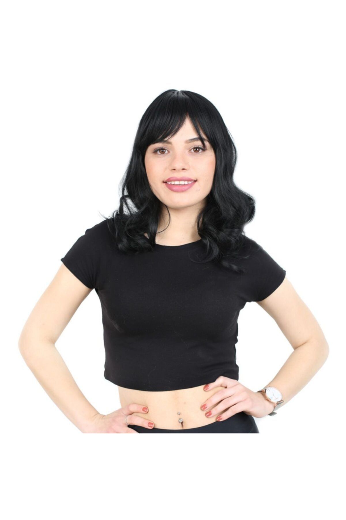 Suzan Peruk Dalgalı Perçemli Orta Boy Fiber Sentetik Peruk - Siyah