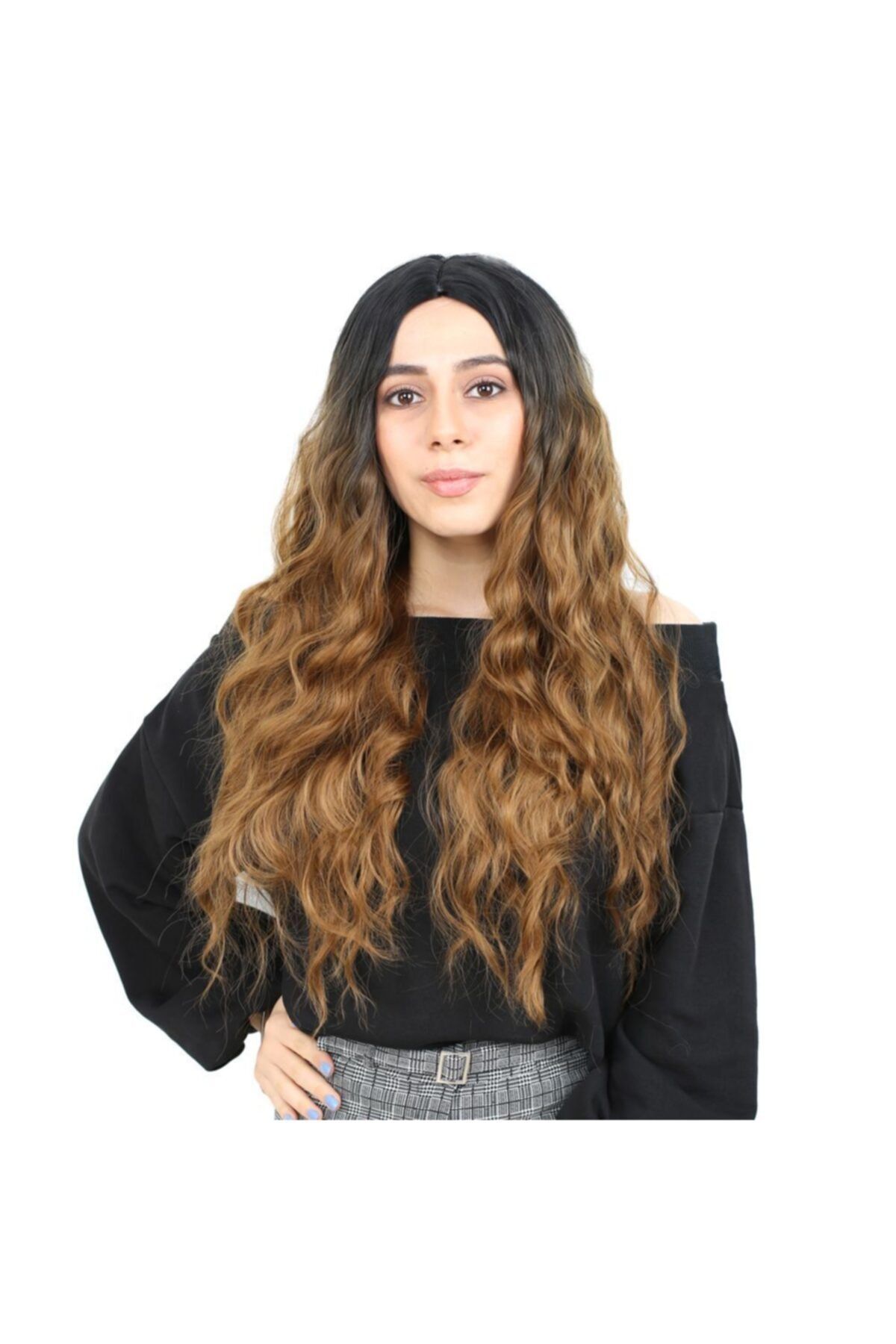 Suzan Peruk Fiber Sentetik Uzun Su Dalgası Peruk - Siyah / Karamel Ombreli