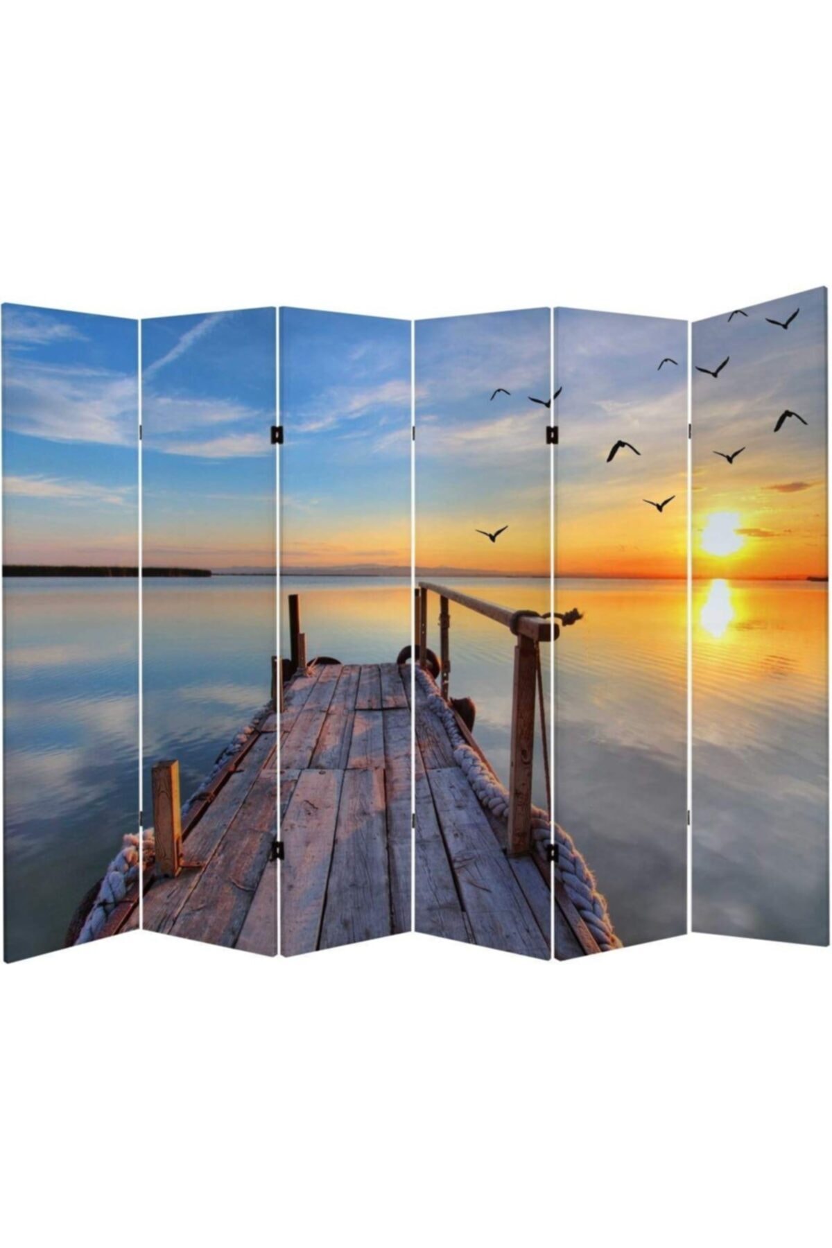 DECOBRITISH Iskele Ve Kuş Manzara 6 Kanatlı Oda Bölücü Çift Taraflı Kanvas Paravan