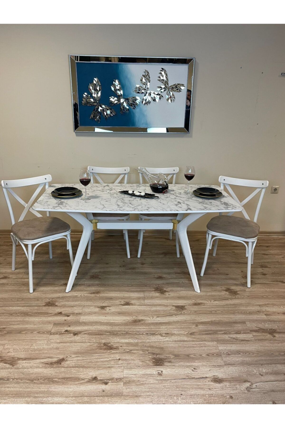 Dimassi Valentino Masa Mdf Beyaz Mermer Desenli Altın Kaplama Salon Masa