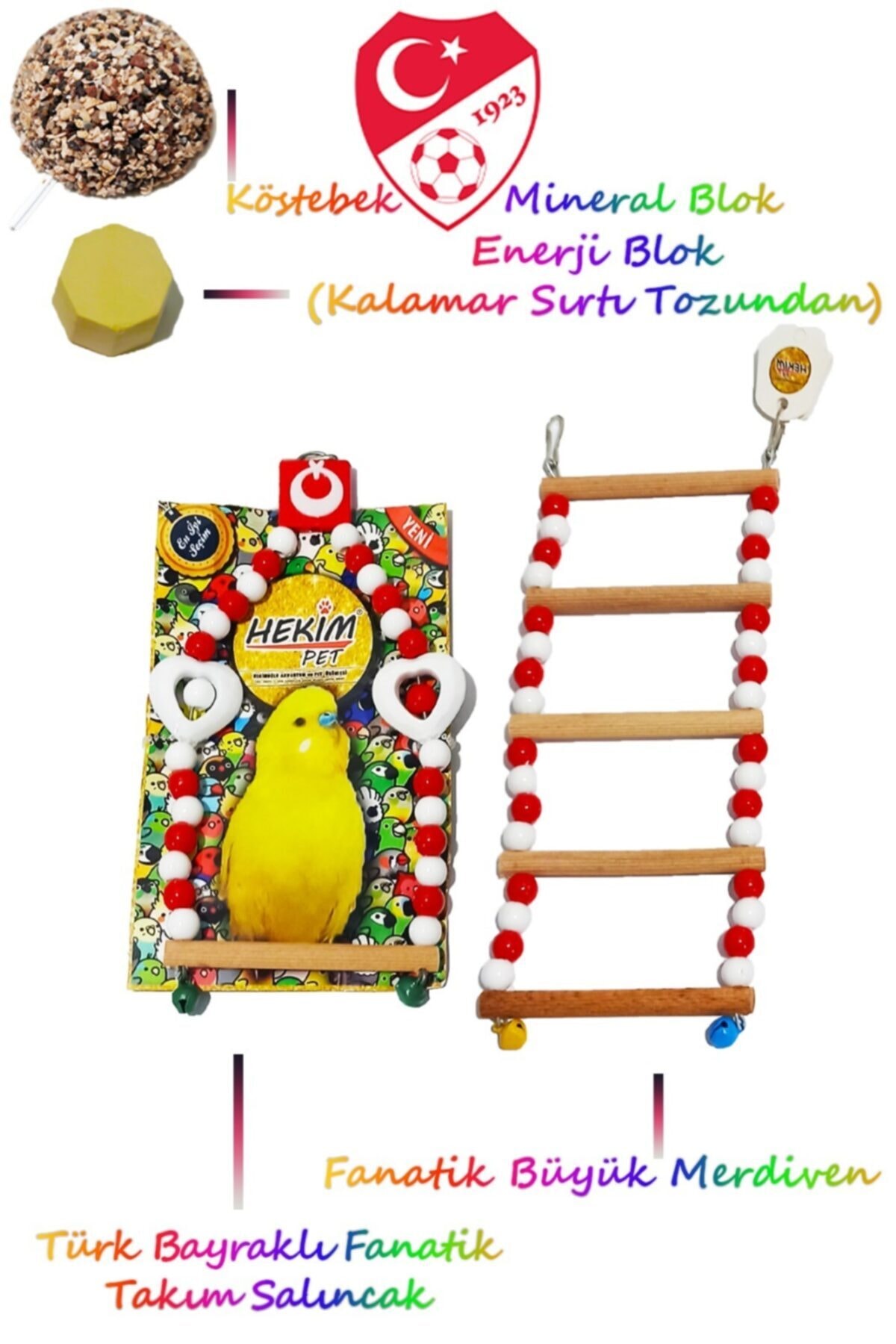 HEKİM PET Fanatik Takım Türkiye Salıncak+büyük Merdiven+ Enerji Blok+mineral Blok Kuş Oyuncağı Seti