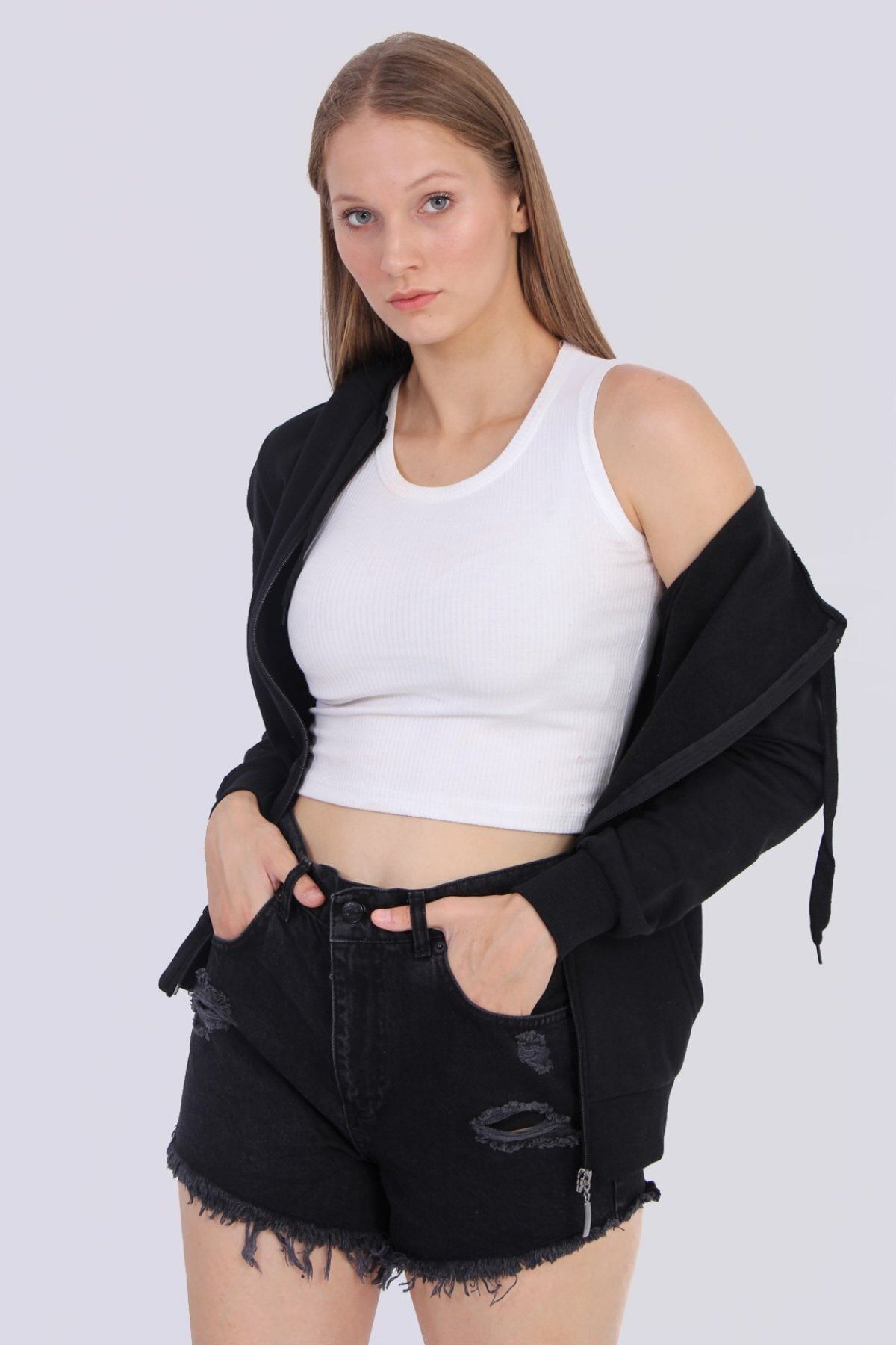 fumestic Unisex Siyah Kapüşonlu Fermuarlı Sweat