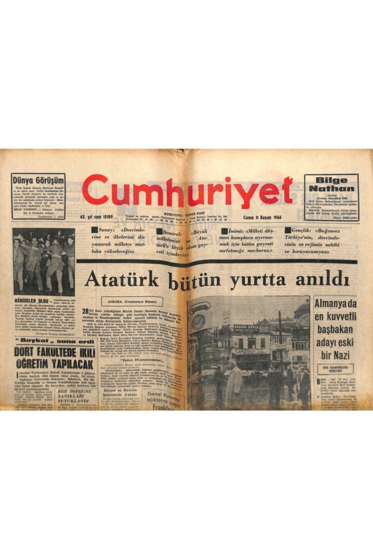 Gökçe Koleksiyon Cumhuriyet Gazetesi 11 Kasım 1966 - Atatürk Bütün Yurtta Anıld