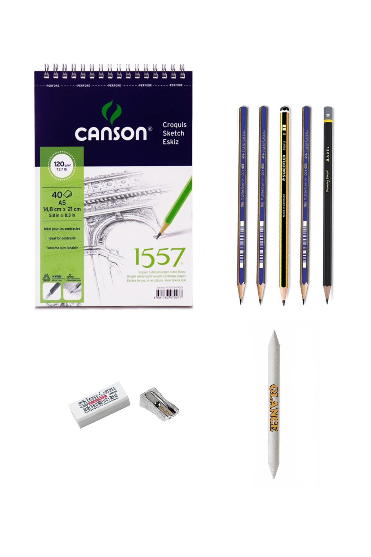 GLANCE Faber Dereceli Canson Eskiz Defterli Karakalem Çizim Seti Pastel Dağıtma Kalemtıraş Silgi Eskiz Seti