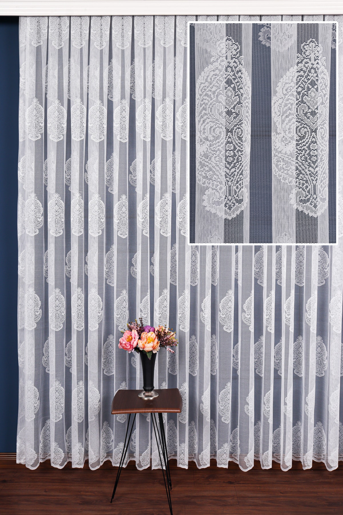 elision home Yeni Damaks Desen Örme Tül Perde, 300x250cm, 1/2 Seyrek Pile, Elısıon02201