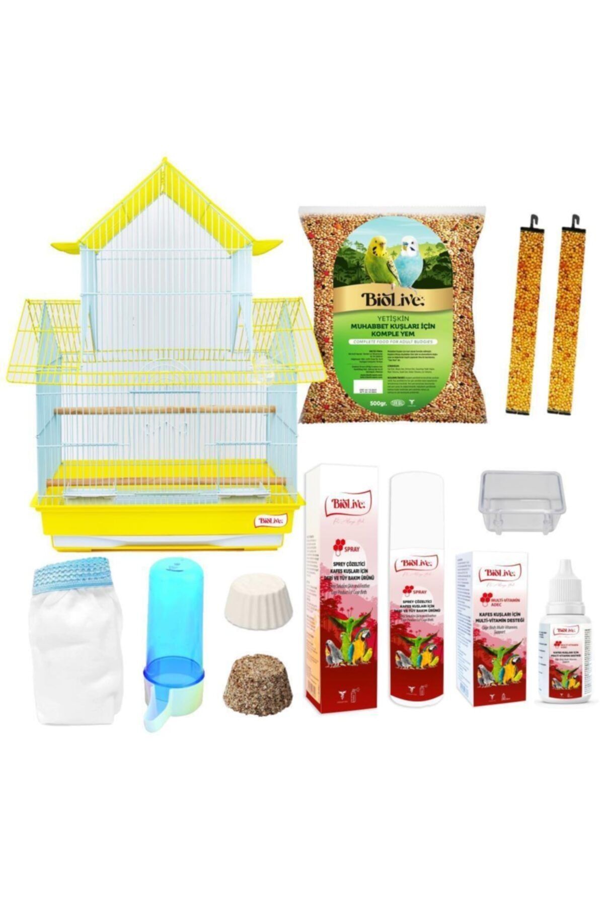 Biolive Çin Evi Büyük Boy Muhabbet-sultan-cennet Papağanı Kafes Seti Sarı