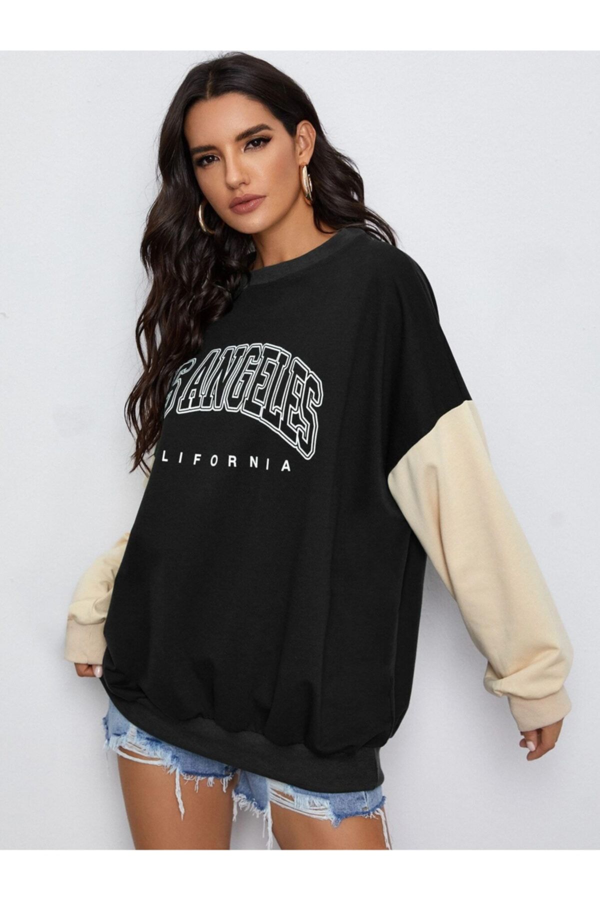 K&H TWENTYONE Kadın Siyah-bej Kol Detay Oversize Sweatshirt