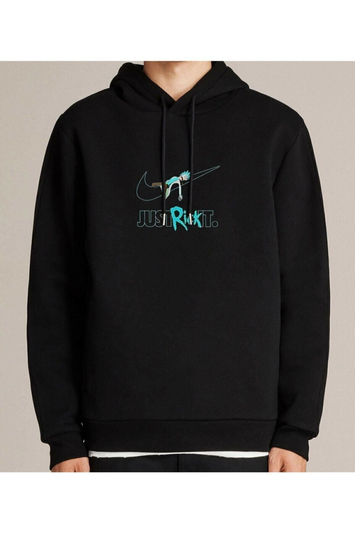 K&H TWENTYONE Rick It Baskılı Siyah Unisex Kapşonlu Uzun Kol Sweatshirt