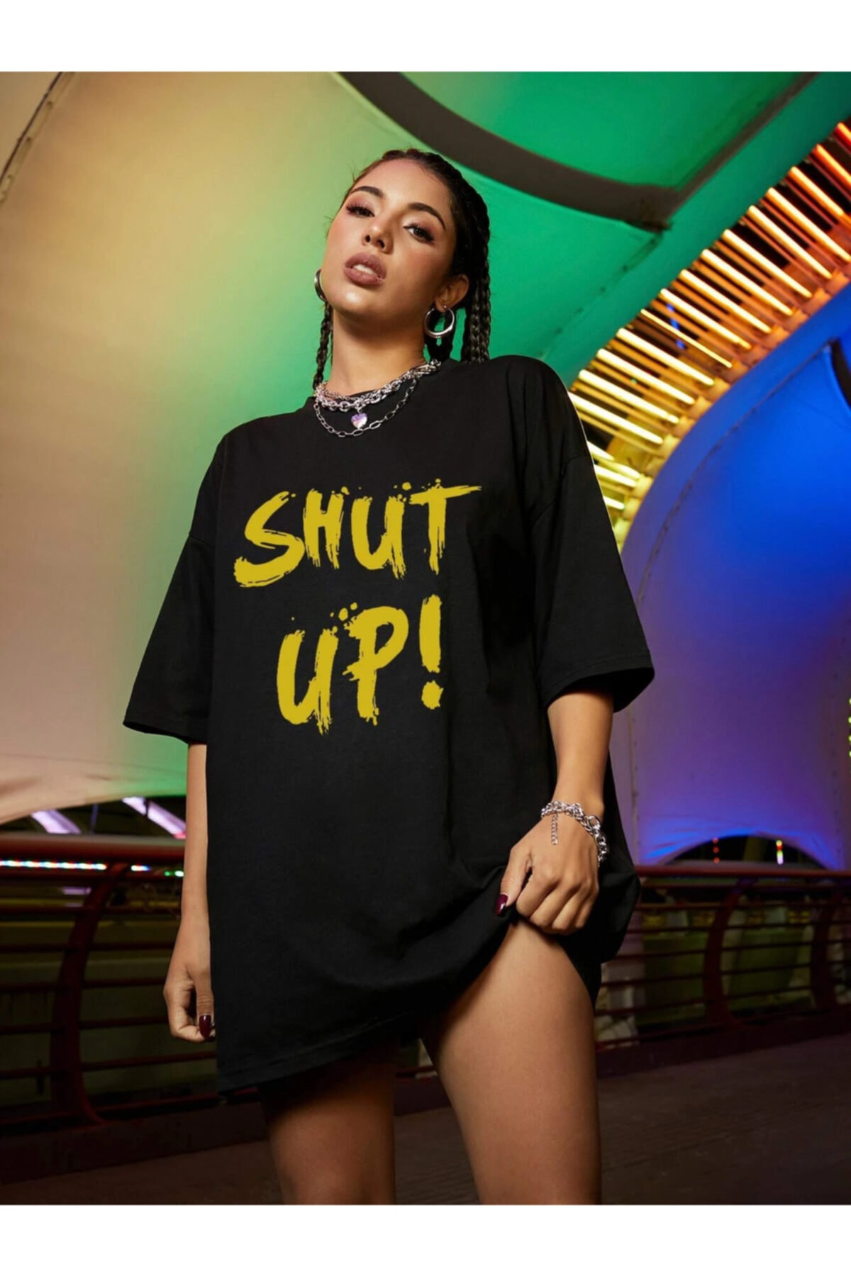 K&H TWENTYONE Kadın Shut Up Siyah Baskılı Oversize Tshırt