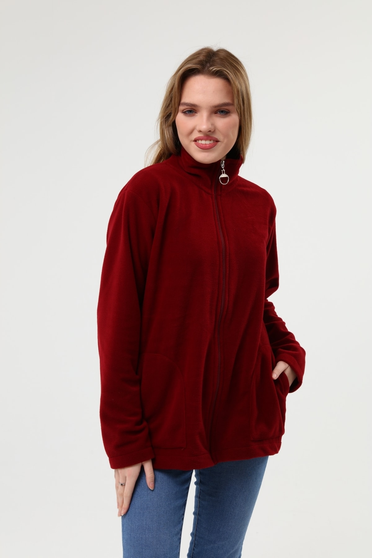 MODA MAHPERİ Bordo Fermuar Kapamalı Polar Hırka Büyük Beden Sıcak Tutar