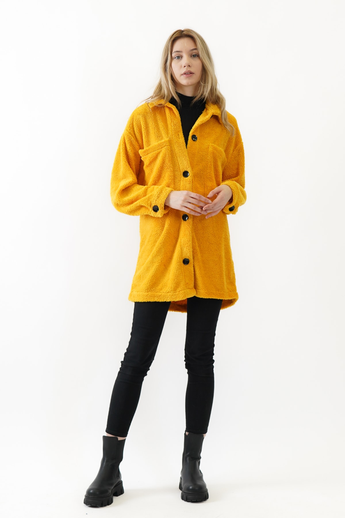 AJYMODA Kadın Gömlek Yaka Oversize Peluş Kaban Hardal