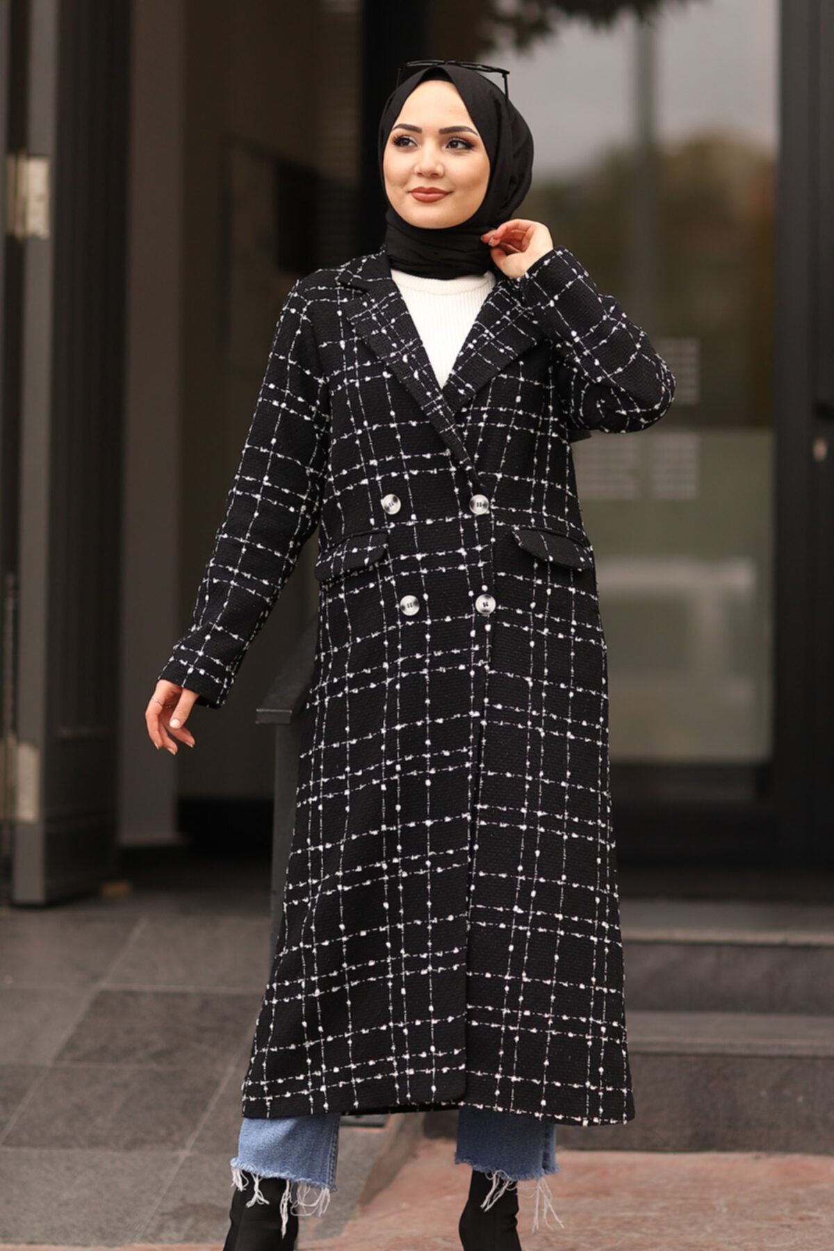 Moda Sahra Uzun Boy Kırçıl Tesettür Kaban Siyah