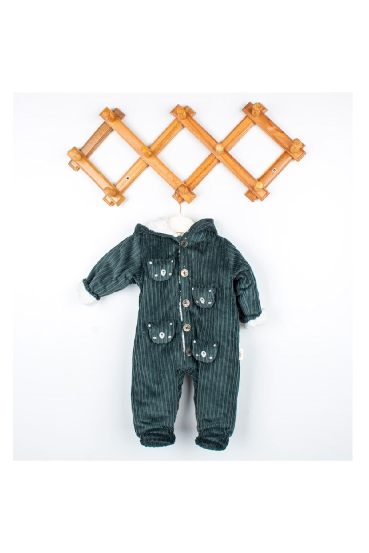 AGES ANGELS Koyu Yeşil Kadifeli Welsoft Oyuncak Ayı Nakışlı Bebek Tulum