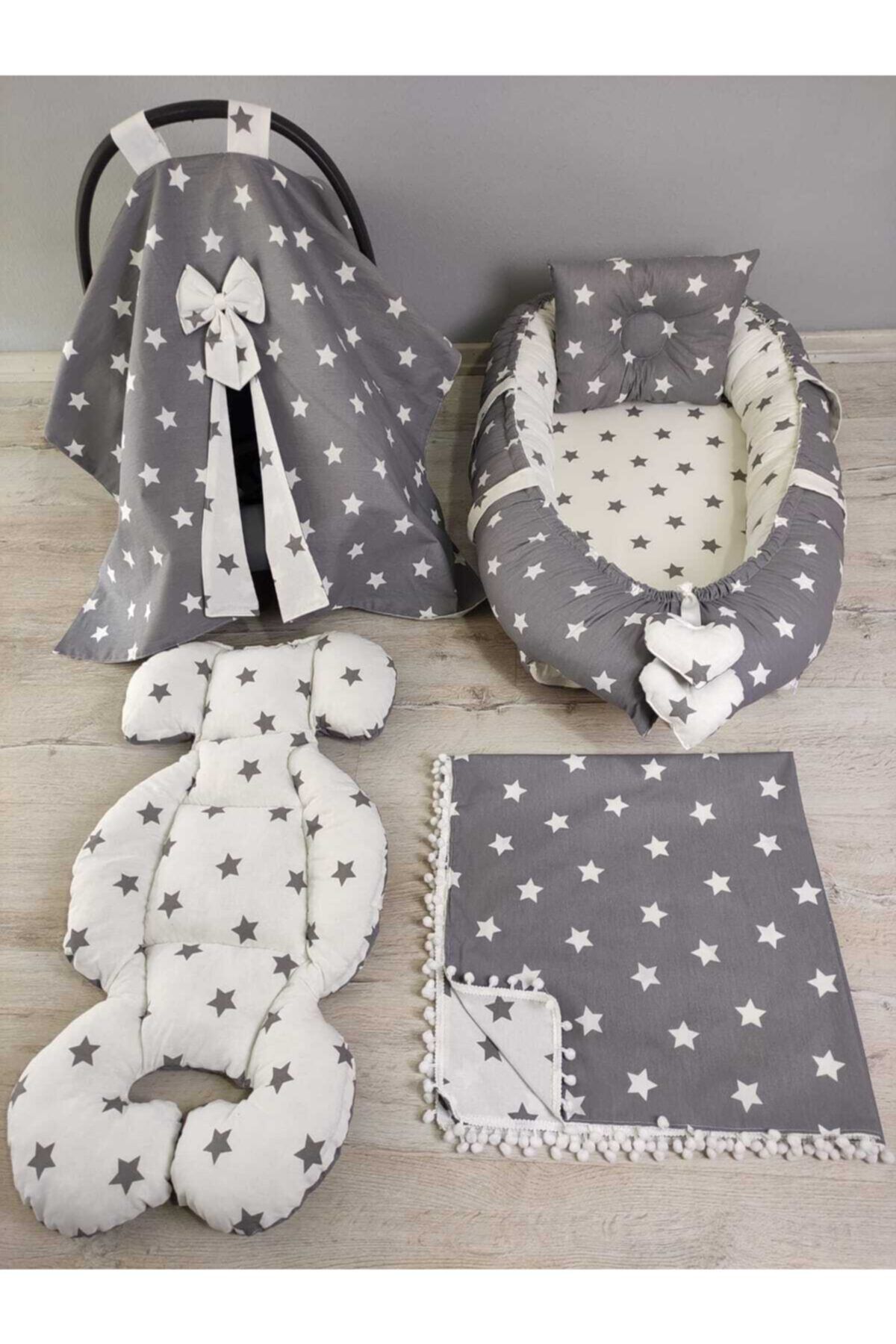 BABYNEST SEPETi Gri Yıldız Ve Beyaz Üstüne Gri Yıldız Kombin Orijinal Babynest Seti