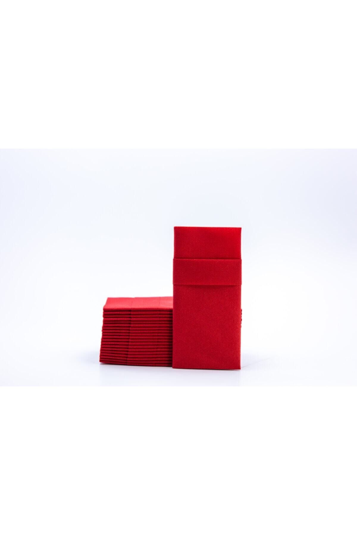 AIRLAID Kırmızı Kumaş Dokulu Cepli Peçete 40x40 1/8 50'li Paket