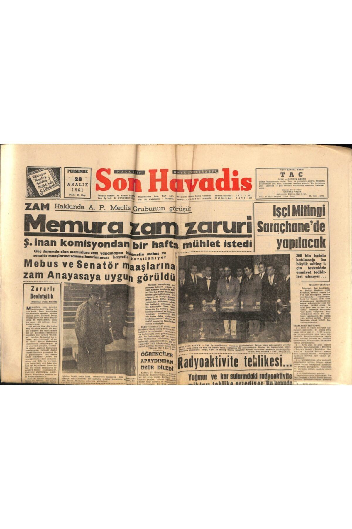 Gökçe Koleksiyon Son Havadis Gazetesi 28 Aralık 1961 - Feyzioğlu'na Göre : Türkiye'de Açlık Tehlikesi Yokmuş