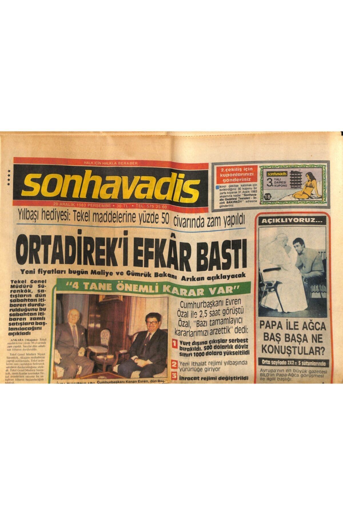 Gökçe Koleksiyon Son Havadis Gazetesi 29 Aralık 1983 - Halk Bankası'nın Ticari Kredileri 49 Milyar Liraya Ulaşacak