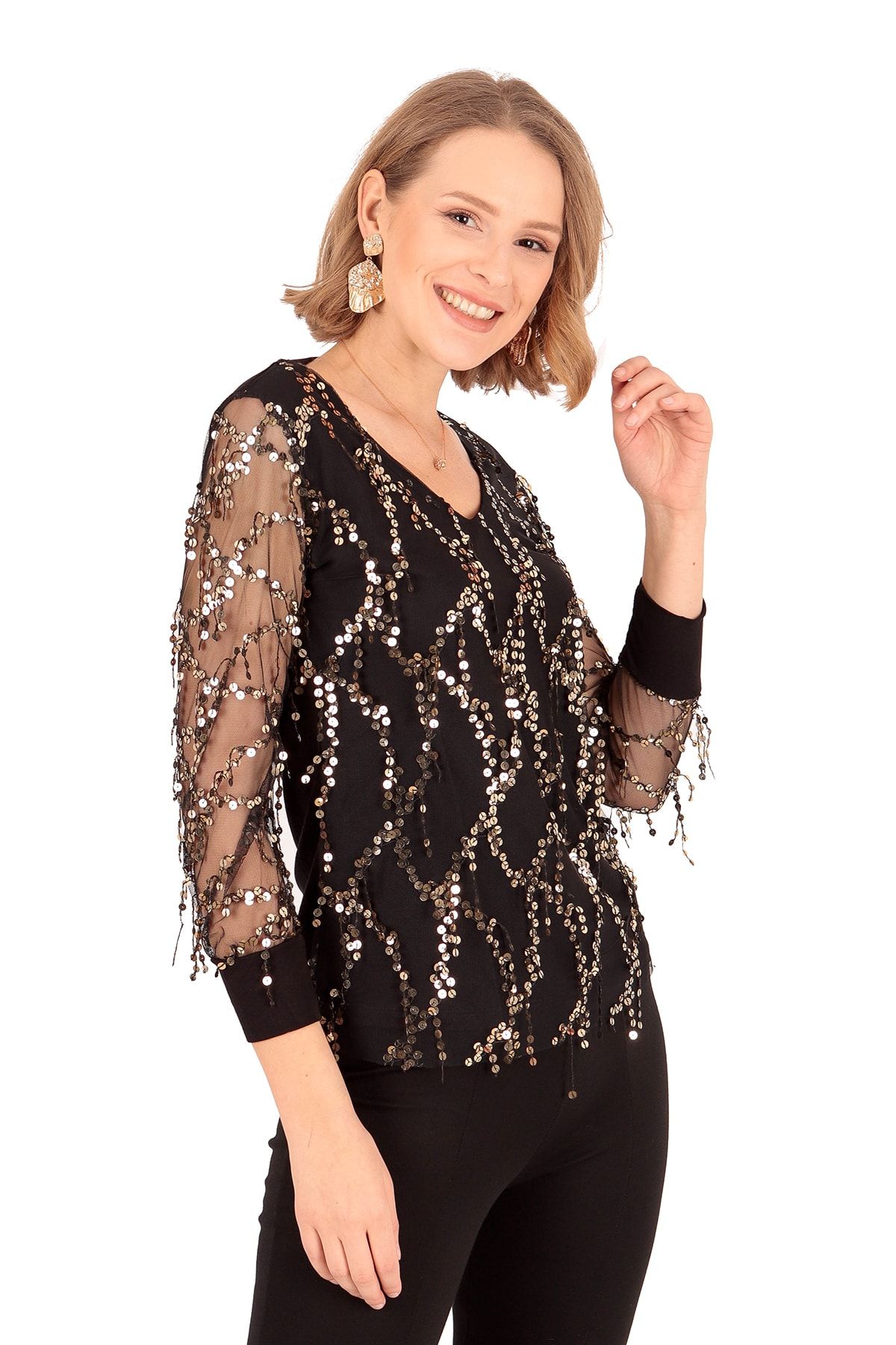 Modagusto Siyah V Yaka Gold Payet Detaylı Bluz