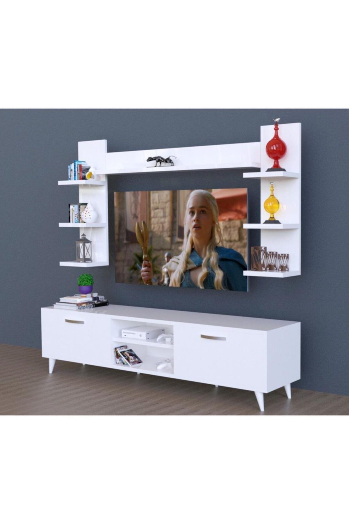 dekorstilim Lux Dolaplı Kitaplıklı Tv Ünitesi Üst Raflı