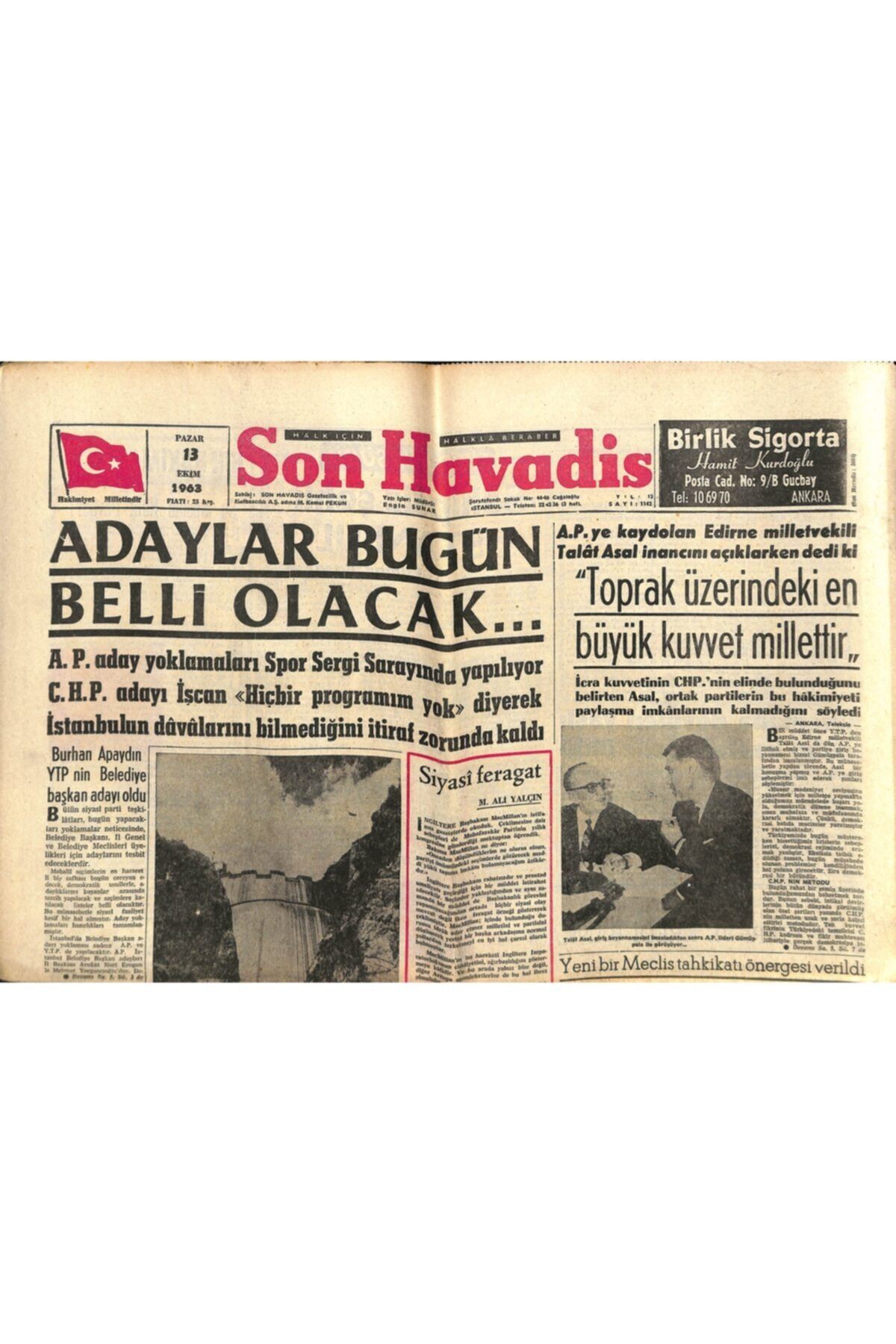 Gökçe Koleksiyon Son Havadis Gazetesi 13 Ekim 1963 - Avrupa Turu Yapan Otomobiller Dün Istanbul'dan Geçti