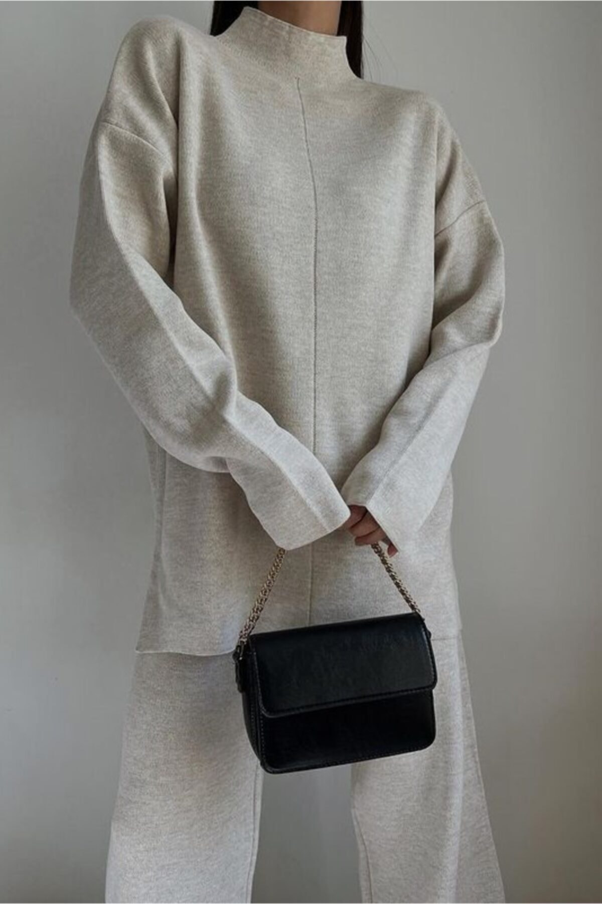 Eka Kadın Bej Geniş Kesim Kazak Pantolon Triko Takım 1014-10001