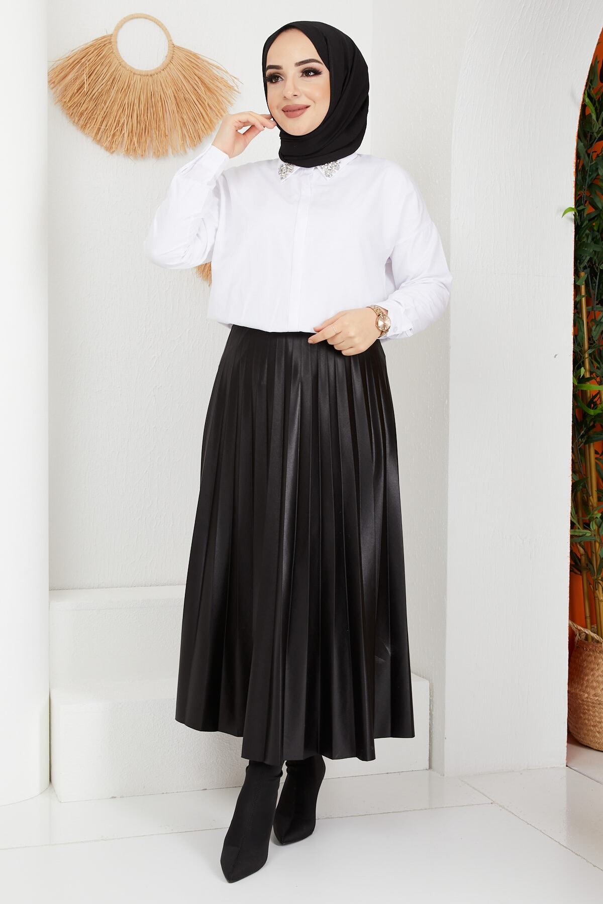 İmajButik Yaka Taş Detaylı Gömlek/beyaz