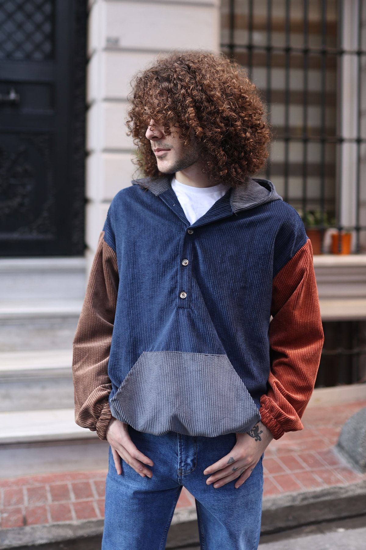 Hole Erkek Oversize Lacivert Fitilli Kadife Sweatshirt