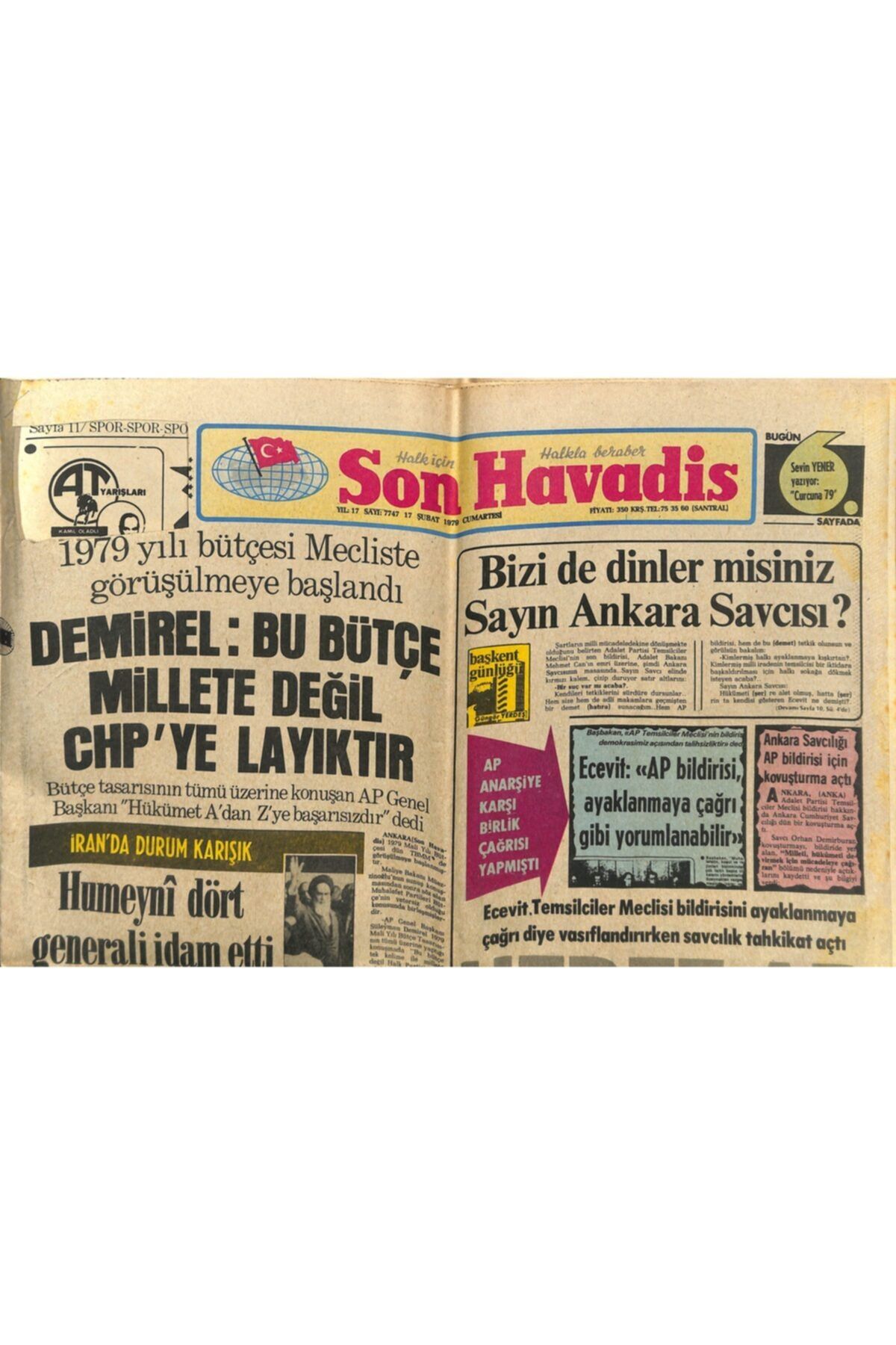 Gökçe Koleksiyon Son Havadis Gazetesi 17 Şubat 1979 - Sezen Aksu Ilk Filminde Tam Not Aldı