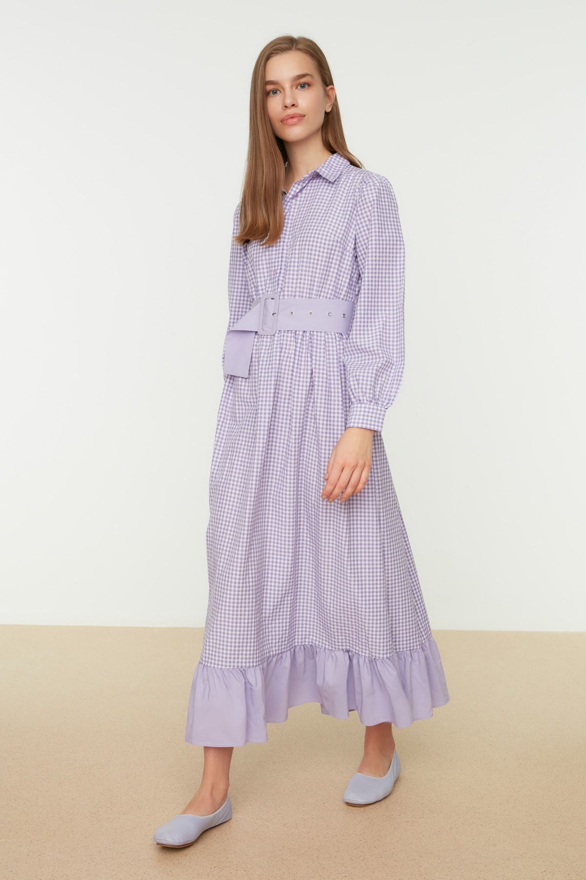 Trendyol Modest Lila Gömlek Yaka Tesettür Elbise TCTSS21EL3883