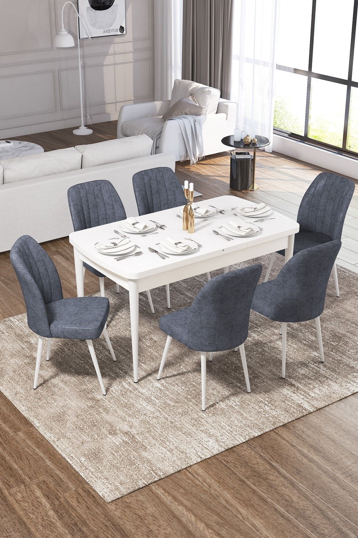 Canisa Concept Ege Serisi 70x114, Açılabilir Mutfak Masa Takımı, Beyaz Masa Ve 6 Füme Sandalye