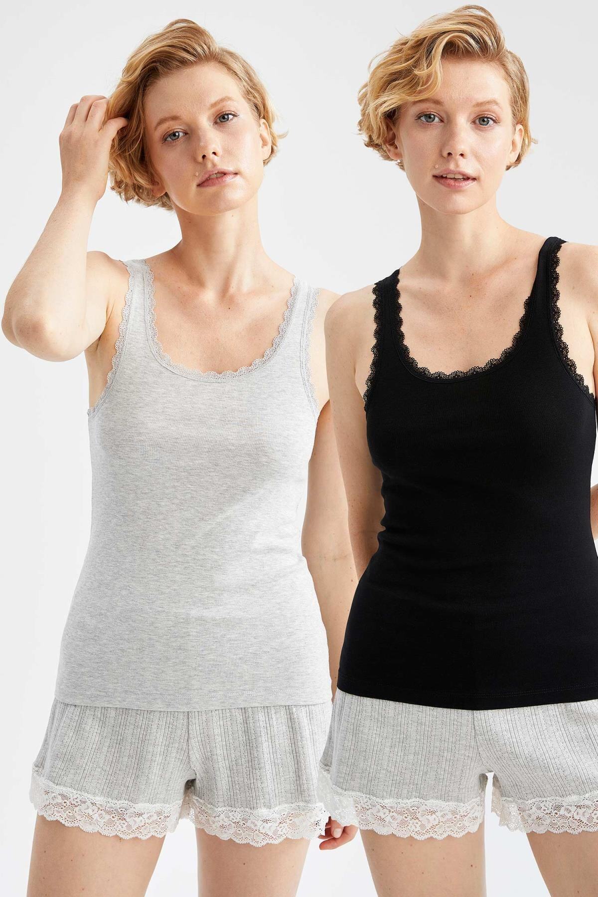 DeFacto Kadın Gri Dantel Detaylı Askılı Relax Fit Pamuklu 2'Li Ribana Atlet V2740AZ21AU