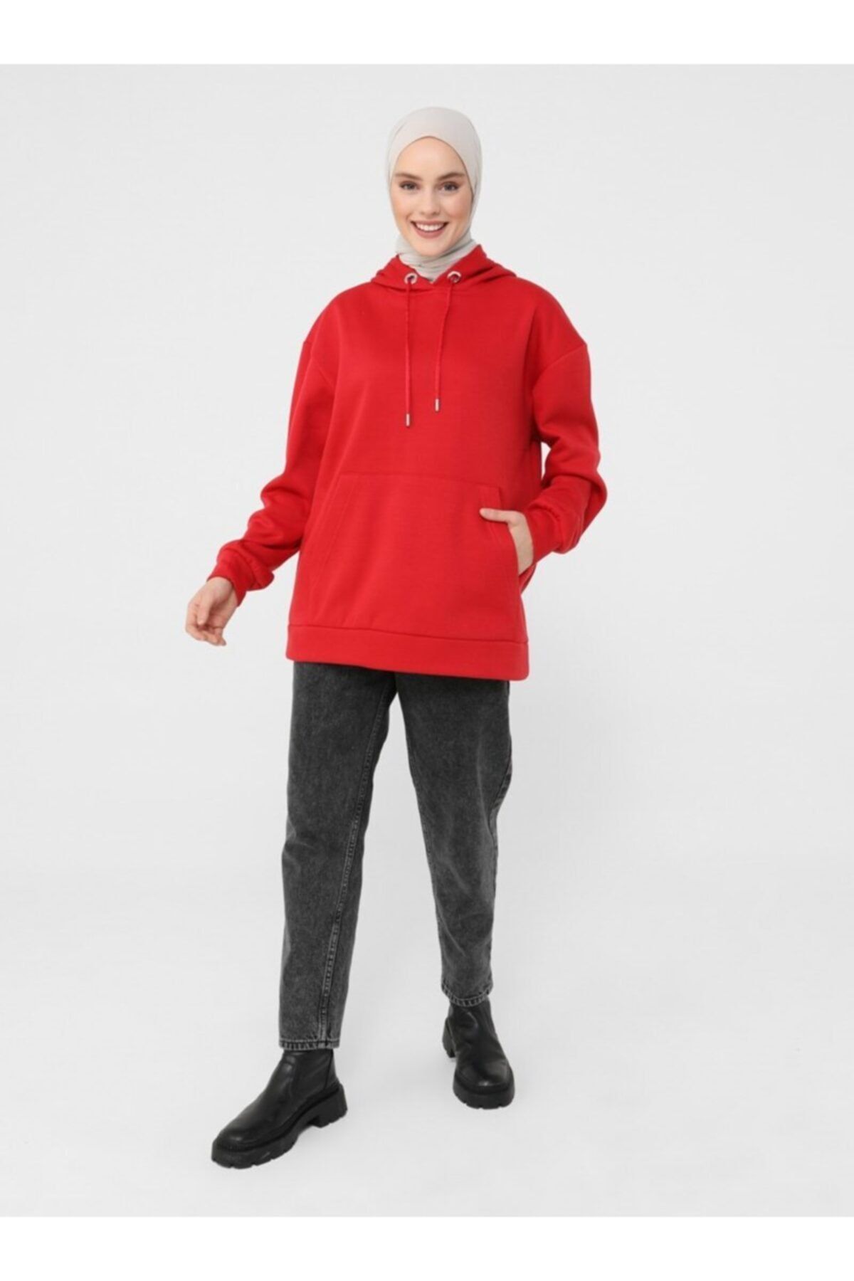 Benin Kapüşonlu Içi Şardonlu Sweatshirt - Kırmızı -