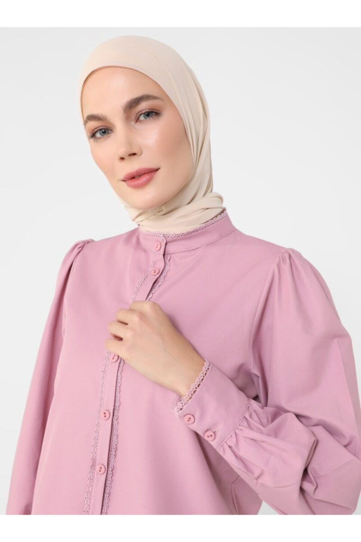 Refka Doğal Kumaşlı Dantel Şerit Detaylı Gömlek  Gül Kurusu  Woman