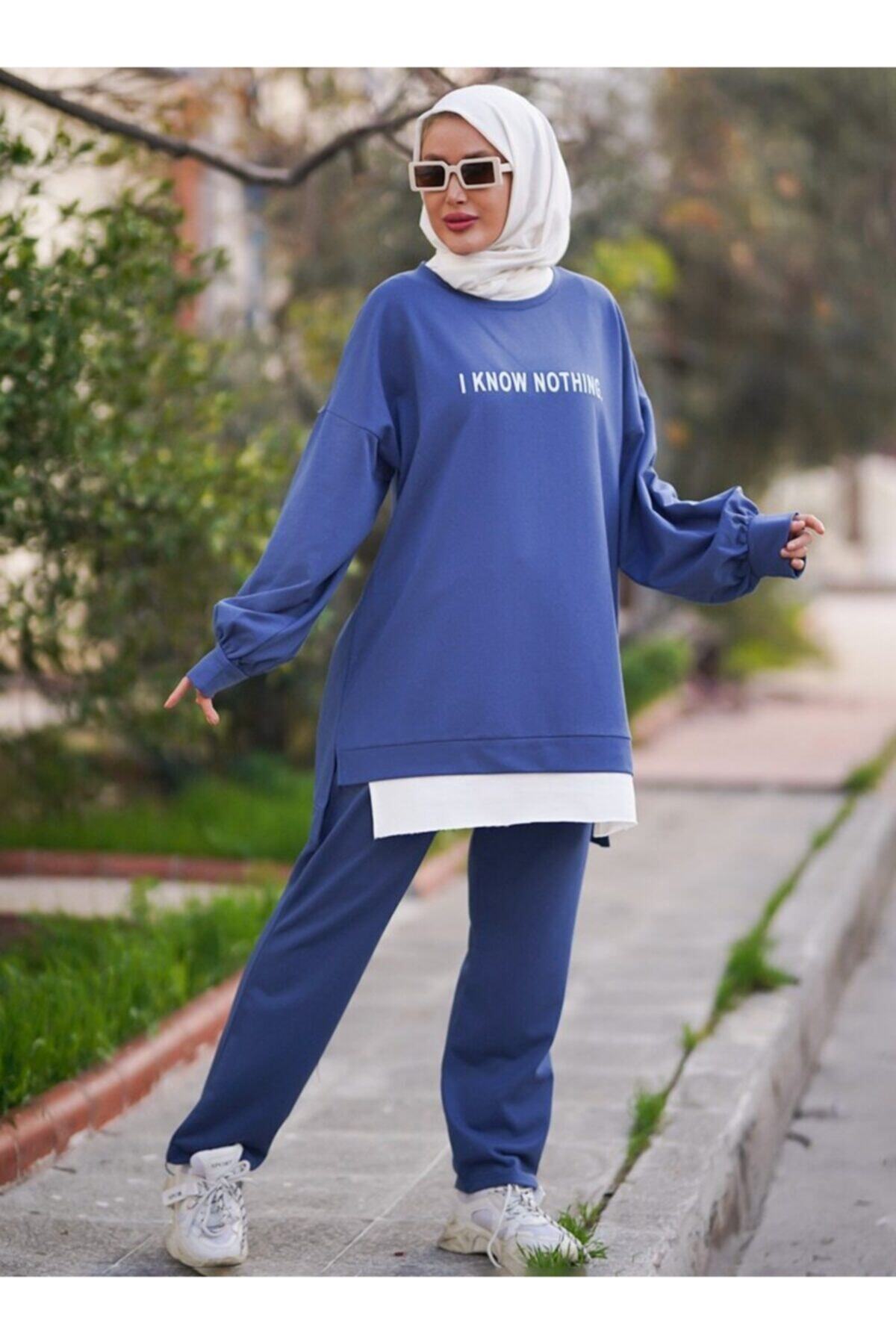 Por La Cara Baskılı Etek Ucu Beyaz Parçalı Yandan Yırtmaçlı İkili Takım