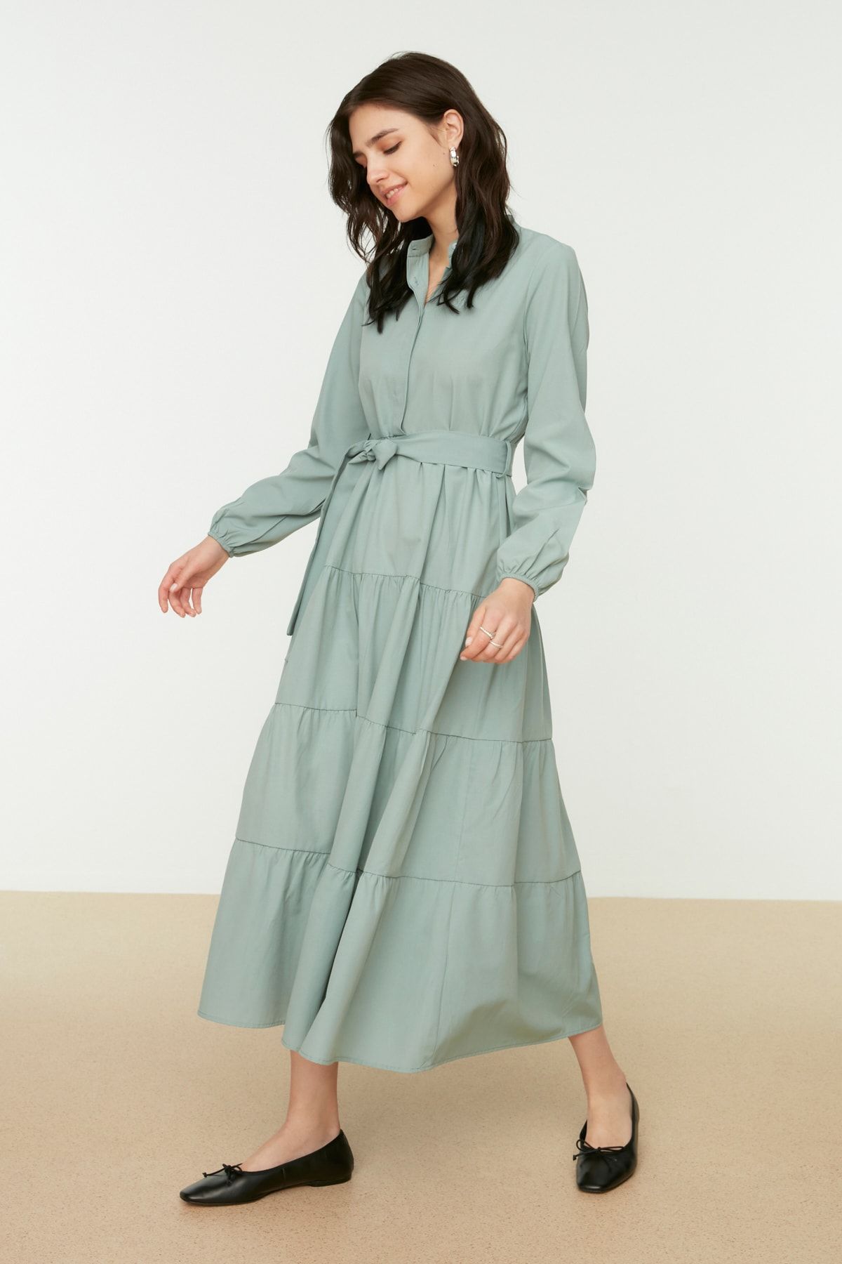 Trendyol Modest Haki Fırfırlı Tesettür Elbise TCTSS21EL3343