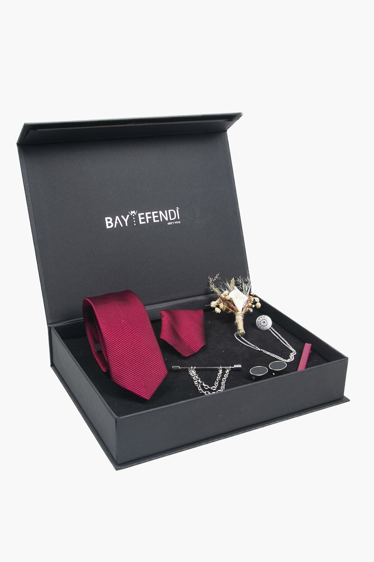 BAYEFENDİ Bordo Renk Kravat & Mendil & Kol Düğmesi & Yaka Çiçeği & Yaka Iğnesi & Kravat Iğnesi Hediye Set