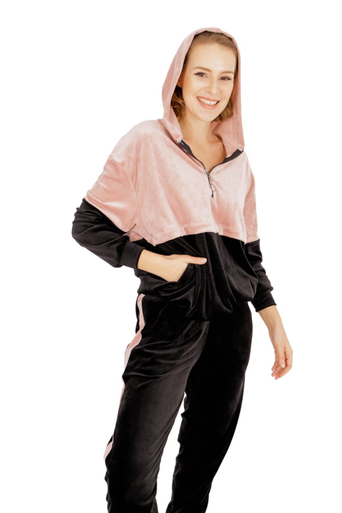 BUKETLİ Kadın Kapüşonlu Renk Bloklu Fermuar Detay Kadife Eşofman Takımı