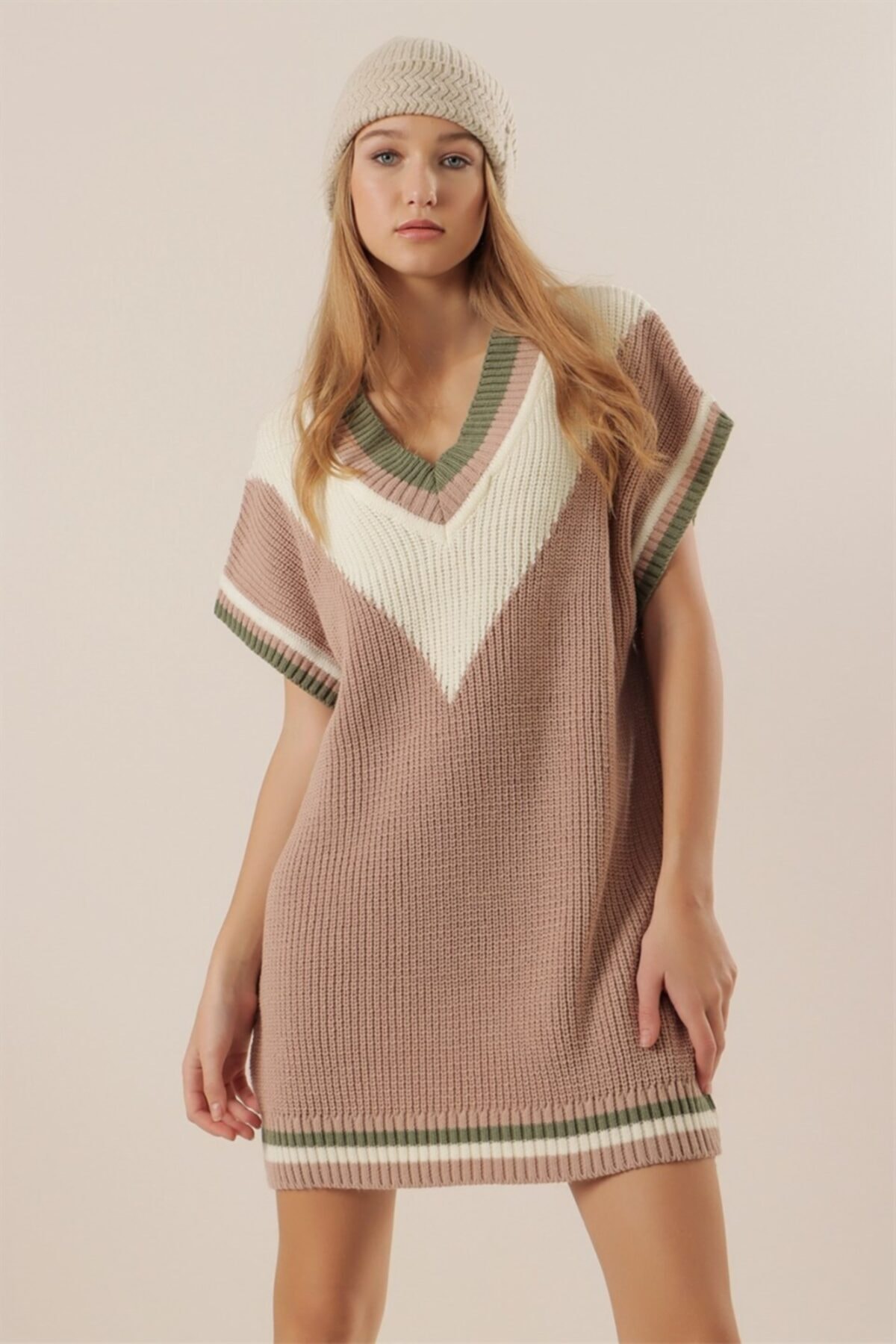 Z GİYİM Kadın Pudra Pembesi V Yaka Örme Uzun Süveter