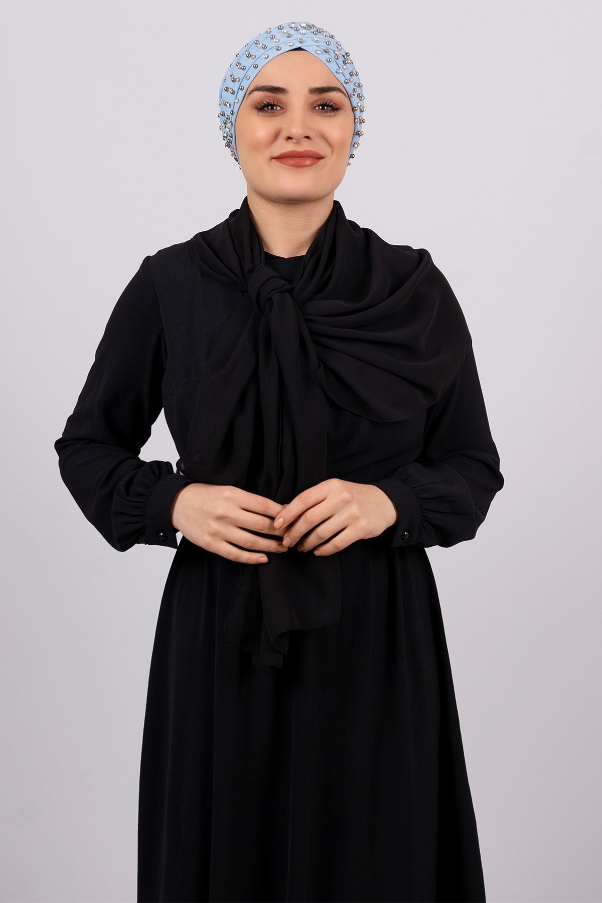 HÜRREM BONE Bebe Mavisi Pratik Hazır Geçmeli Tesettür Bone Sandy Kumaş Taşlı - Hürrem 1456