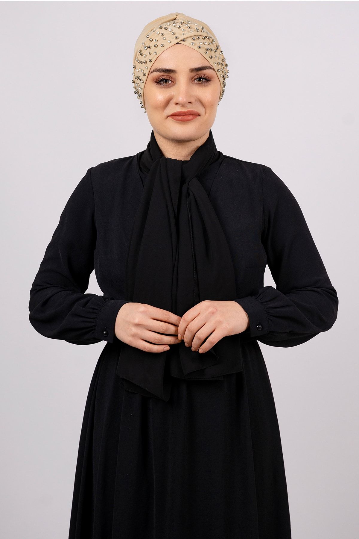 HÜRREM BONE Sütlü Kahve Pratik Hazır Geçmeli Tesettür Bone Sandy Kumaş Taşlı - Hürrem 1456