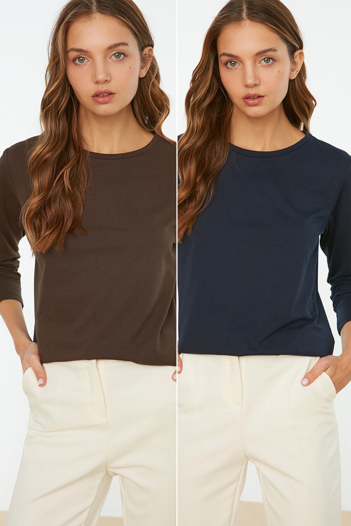TRENDYOLMİLLA Lacivert-Kahverengi 2'li Paket Bisiklet Yaka Basic Örme T-Shirt TWOAW21TS0095